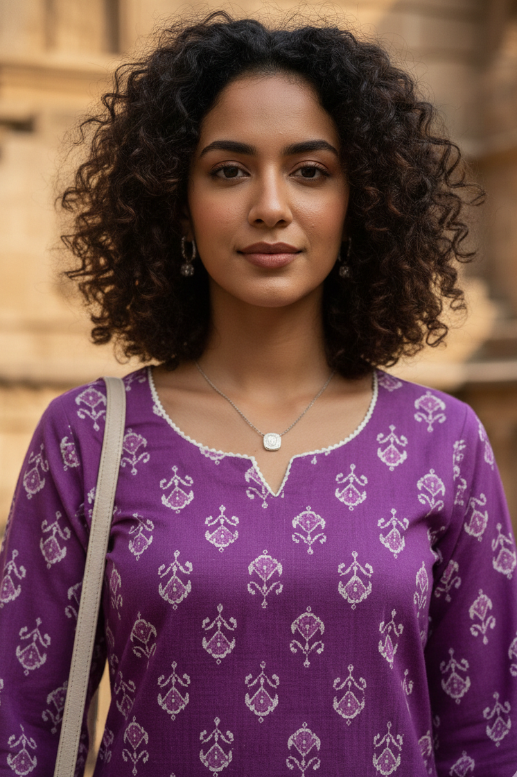 Purple Cotton Jaipuri Floral Printed Kurti