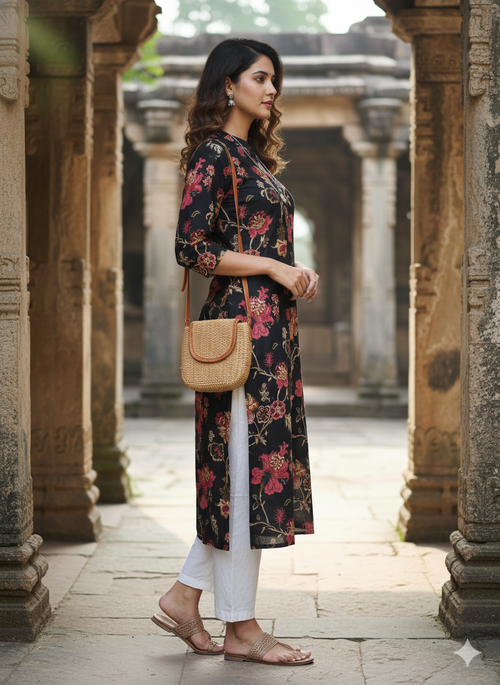 Grey Pure Cotton Jaipuri Floral Printed Kurti - 5 sizes