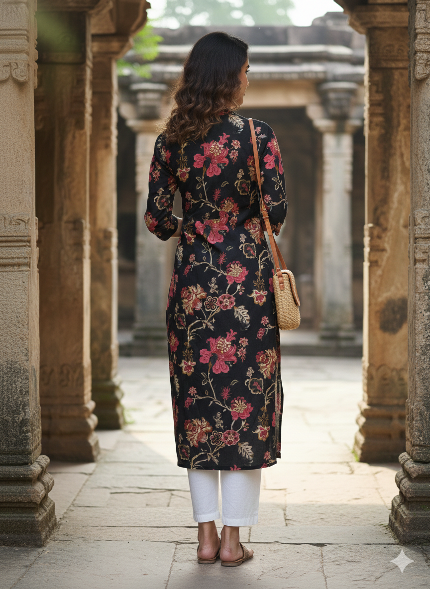 Grey Pure Cotton Jaipuri Floral Printed Kurti - 5 sizes