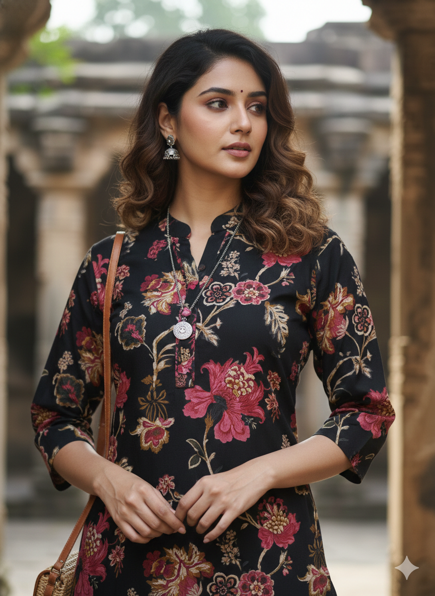 Grey Pure Cotton Jaipuri Floral Printed Kurti - 5 sizes