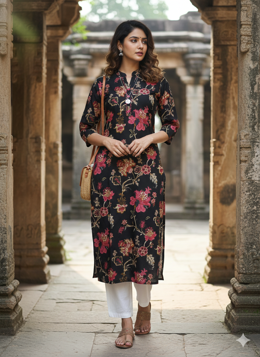 Grey Pure Cotton Jaipuri Floral Printed Kurti - 5 sizes