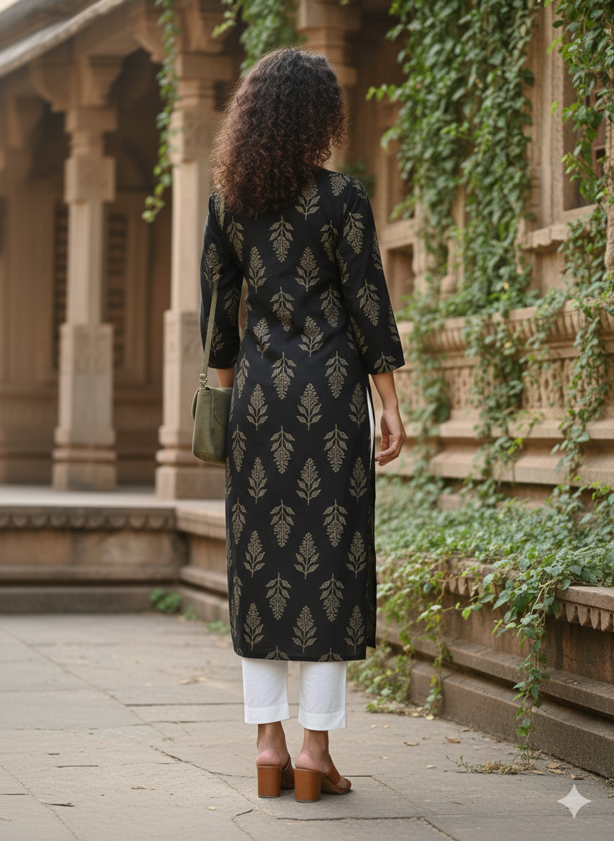 Bottle Green Pure Cotton Jaipuri Floral Printed Kurti