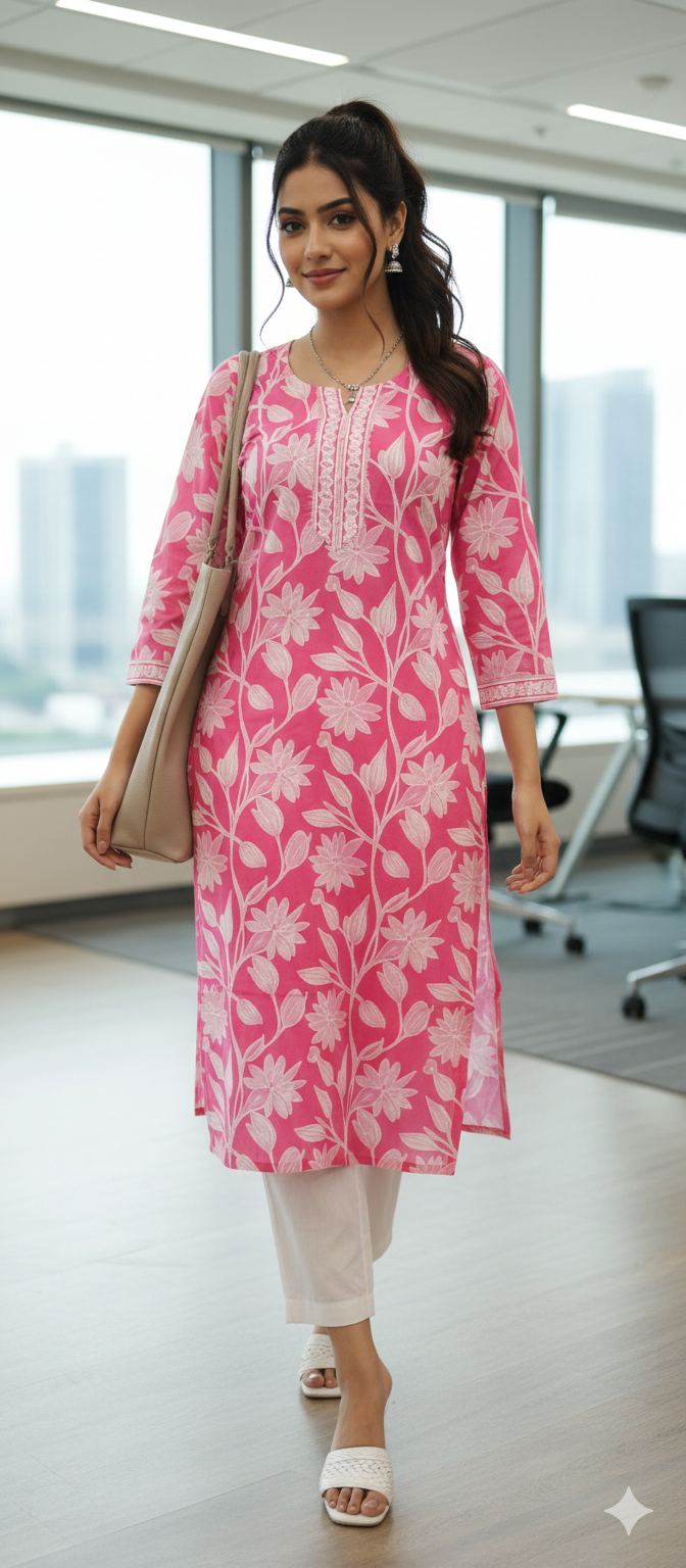 Baby Pink Pure Cotton Jaipuri Floral Printed Kurti - 5 sizes