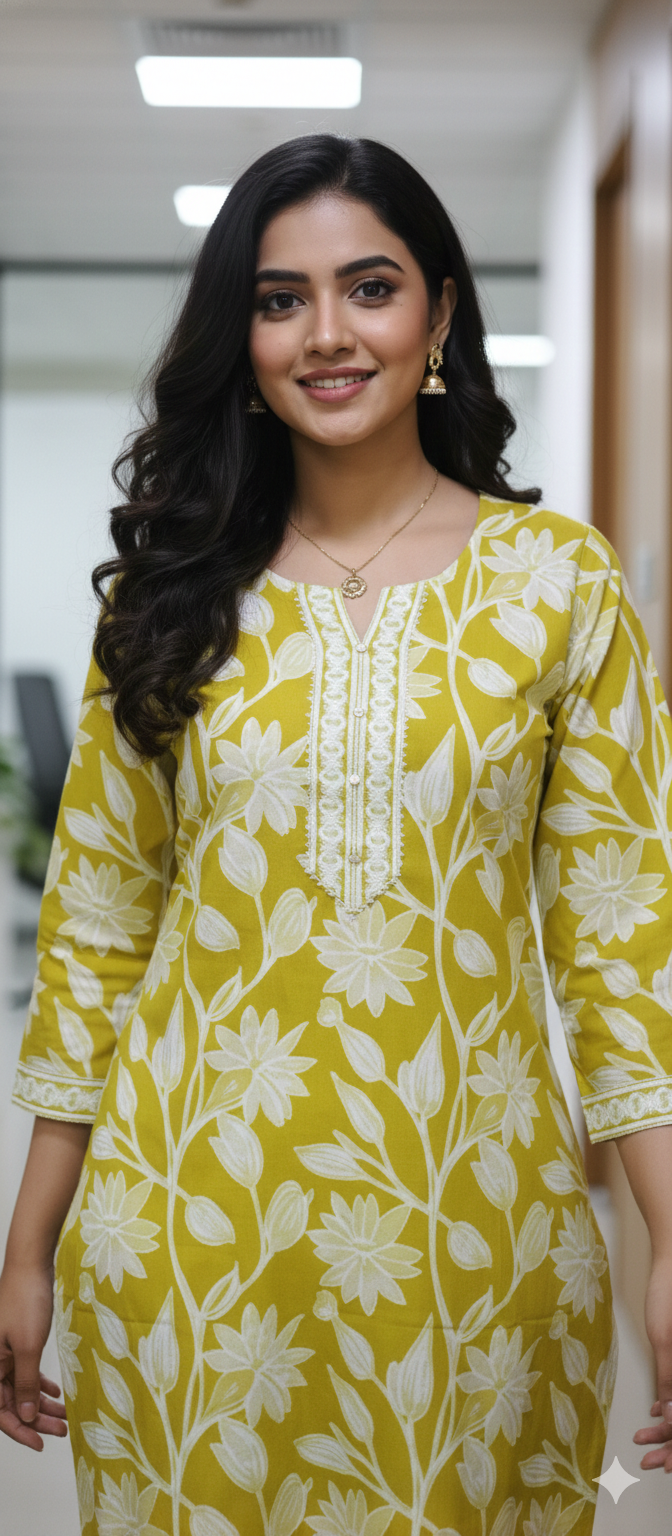 Parrot Green Pure Cotton Jaipuri Floral Printed Kurti -5 sizes