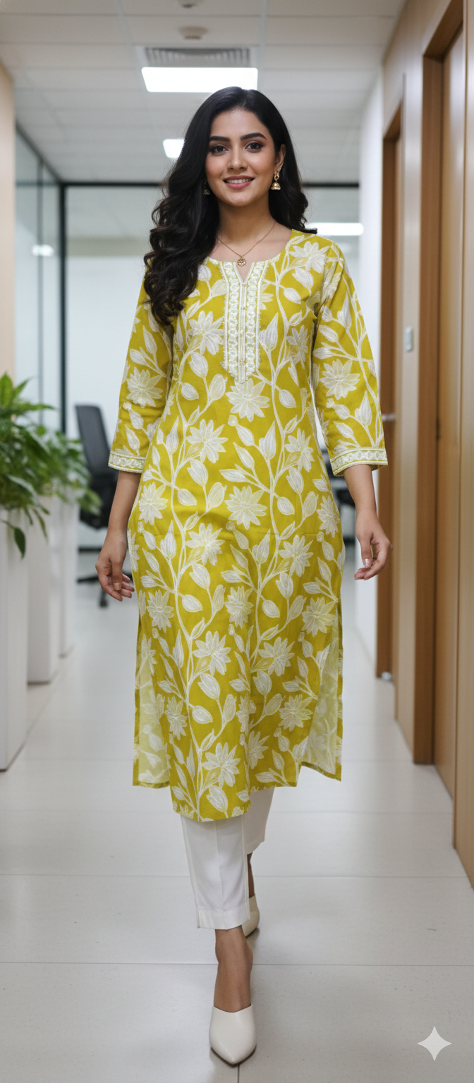 Parrot Green Pure Cotton Jaipuri Floral Printed Kurti -5 sizes