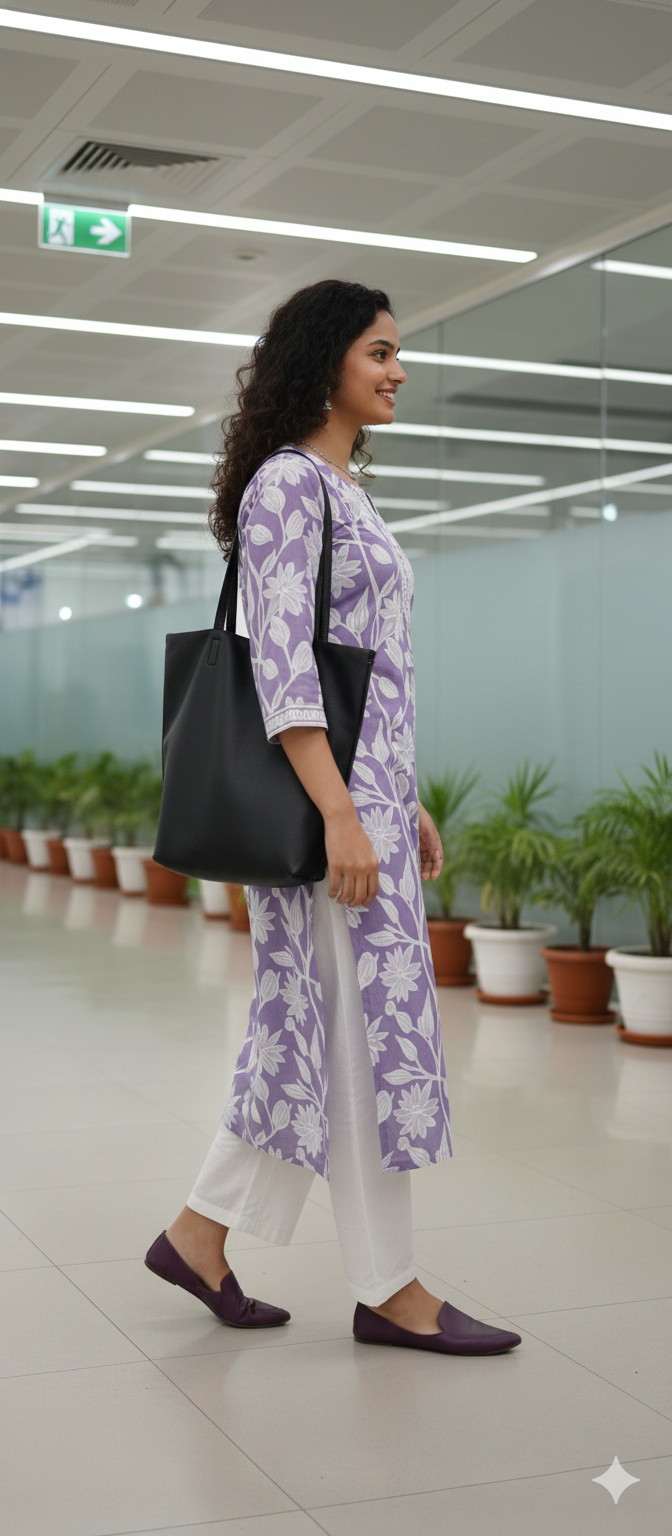 Lavender Pure Cotton Jaipuri Floral Printed Kurti - 5 sizes