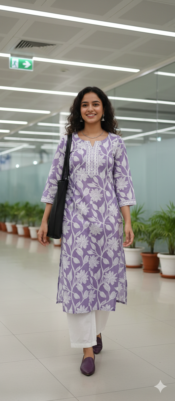 Lavender Pure Cotton Jaipuri Floral Printed Kurti - 5 sizes