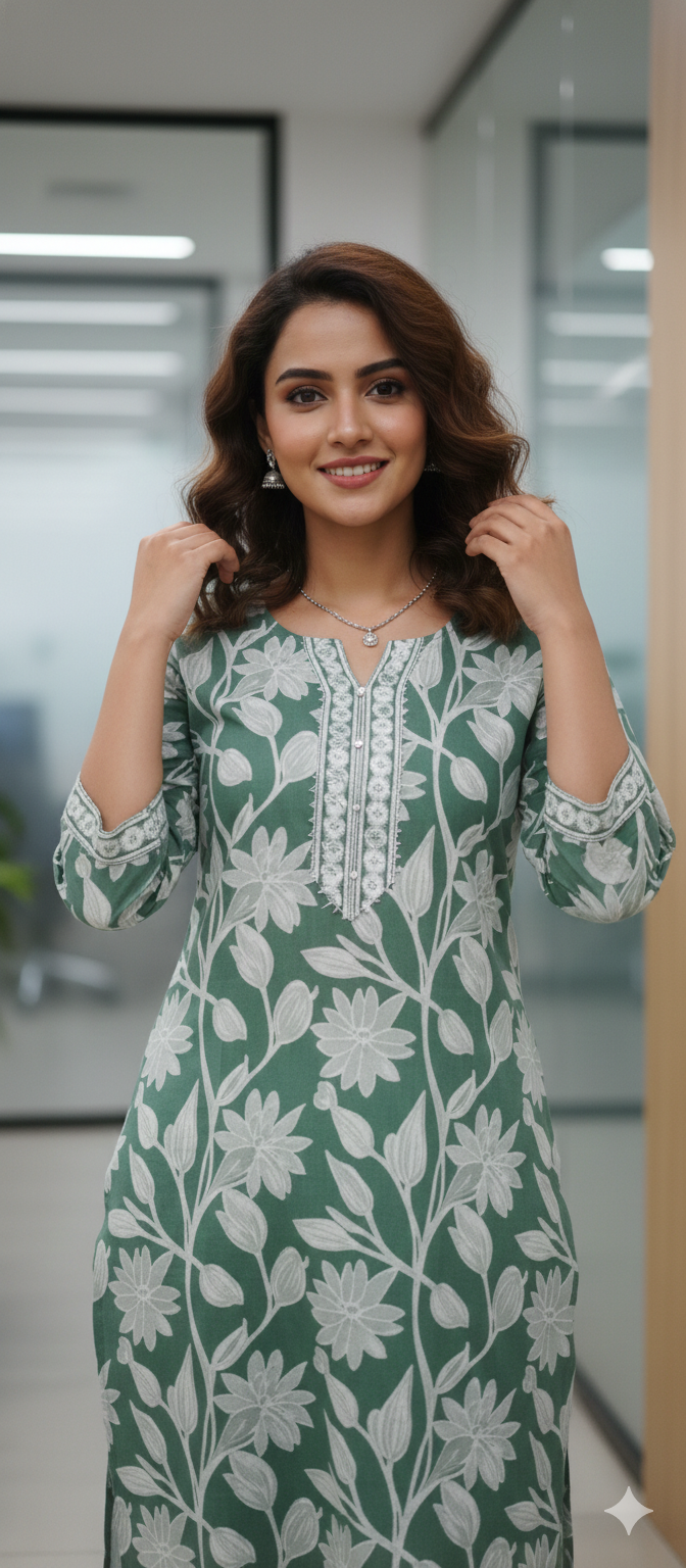 Sage Green Pure Cotton Jaipuri Floral Printed Kurti - 5 sizes