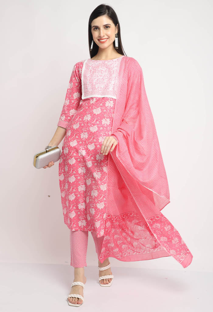 Pure Cambric Cotton Embroidered Kurta Set With Dupatta