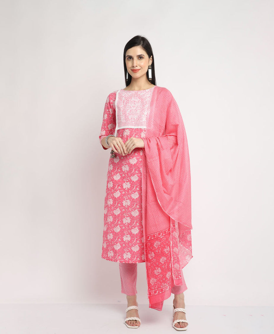 Pure Cambric Cotton Embroidered Kurta Set With Dupatta