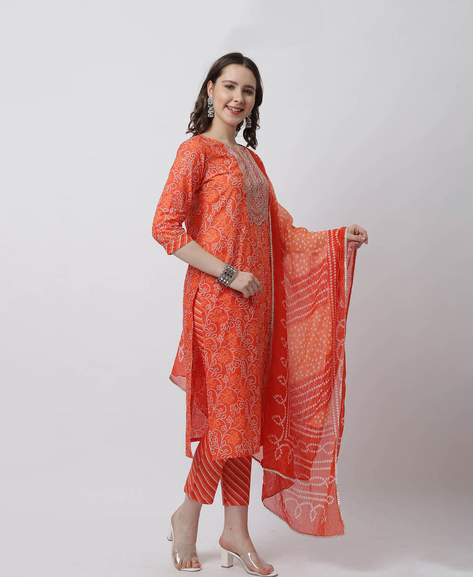 Pure Cambric Cotton Jaipuri Printed & Embroidered Kurta Set With Dupatta