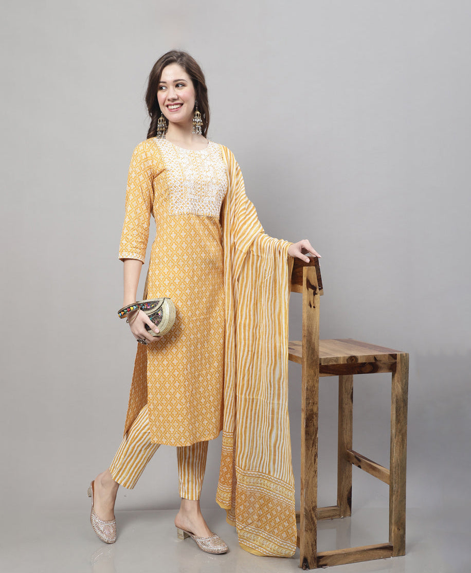 Pure Cotton Jaipuri Printed & Embroidered Kurta Set With Dupatta