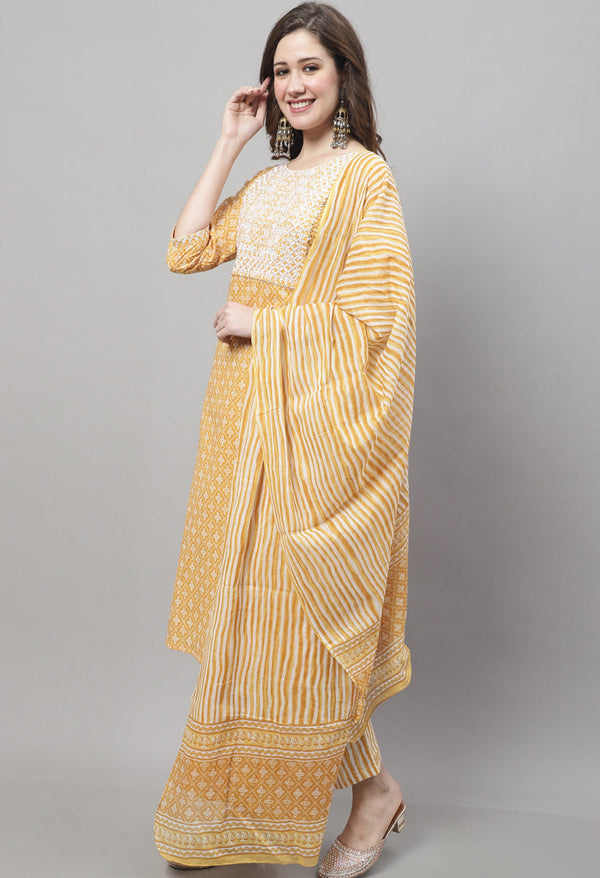 Pure Cotton Jaipuri Printed & Embroidered Kurta Set With Dupatta - Image 3