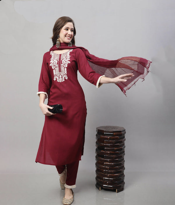 Pure Cotton Dori Work Kurta Set With Dupatta - Image 1
