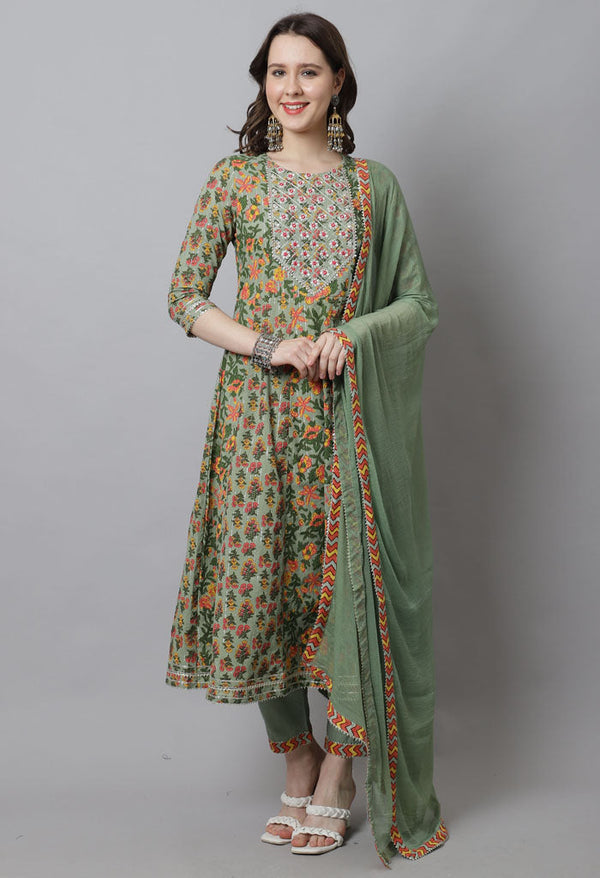 Green Pure Cotton Embroidered Anarkali Kurta With Pant & Dupatta - Image 2