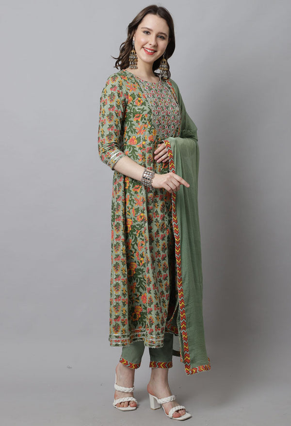 Green Pure Cotton Embroidered Anarkali Kurta With Pant & Dupatta - Image 4