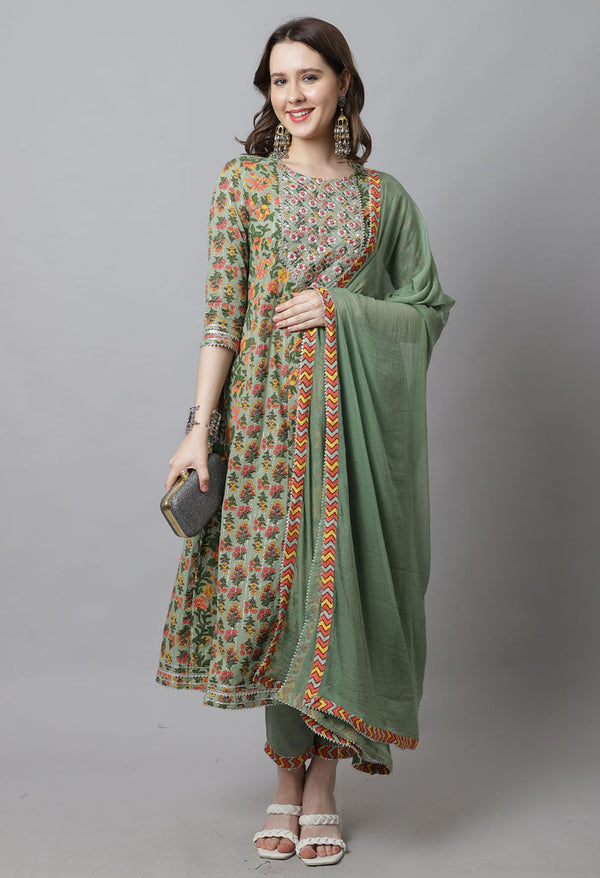 Green Pure Cotton Embroidered Anarkali Kurta With Pant & Dupatta - Image 3