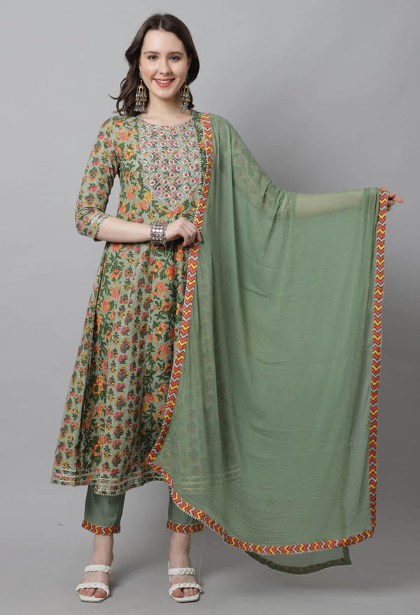 Green Pure Cotton Embroidered Anarkali Kurta With Pant & Dupatta - Image 1