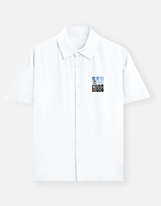 White shirt with colorful text design on a white background
