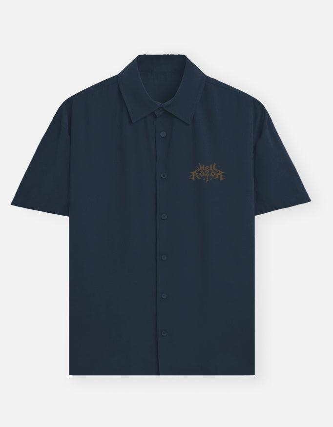 blue shirt with red text on a white background