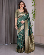 Dark Green Pure Kanjivaram Silk Saree with Golden Leaf Motifs & Floral Zari Border – 5.5m Saree + 0.8m Blouse Piece