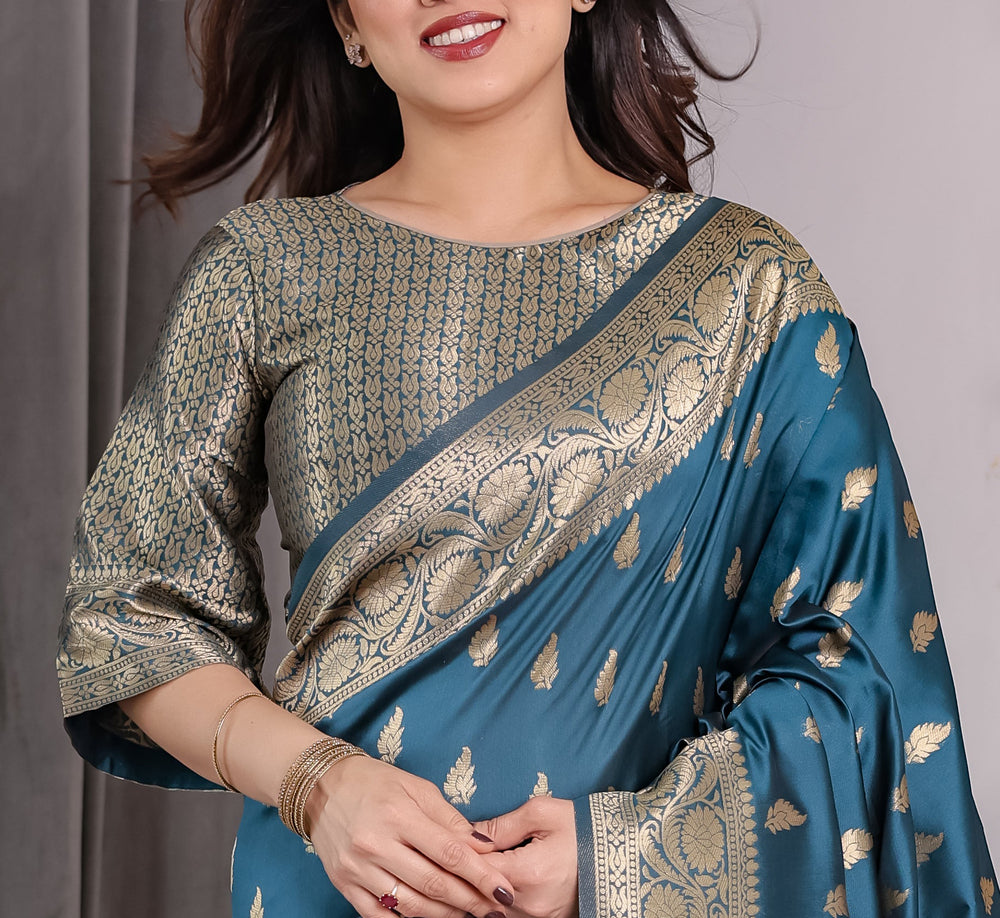 Peacock Blue Pure Kanjivaram Silk Saree with Gold Leaf Motifs & Ornate Floral Zari Border – 5.5m Saree + 0.8m Blouse Piece
