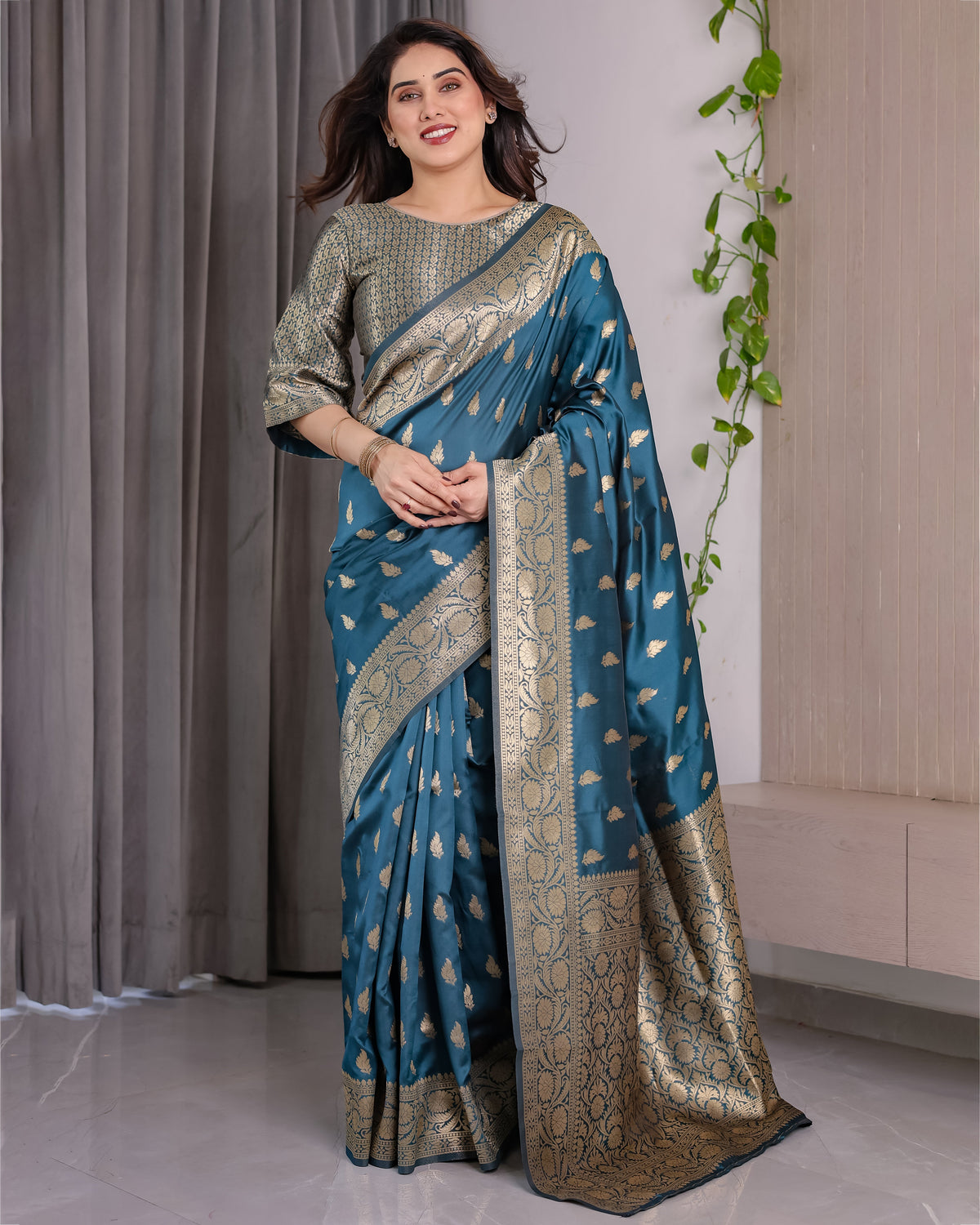 Peacock Blue Pure Kanjivaram Silk Saree with Gold Leaf Motifs & Ornate Floral Zari Border – 5.5m Saree + 0.8m Blouse Piece