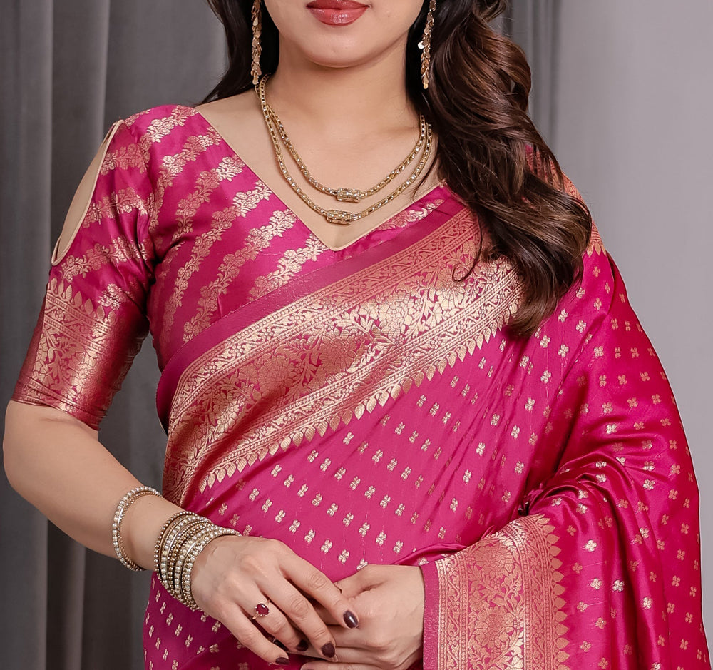 Magenta Pink Pure Kanjivaram Silk Saree with Golden Zari Weaving & Rich Floral Pallu | 5.5m Saree + 0.8m Blouse Piece