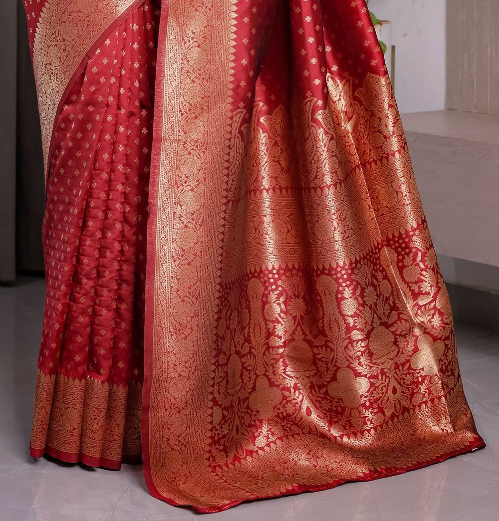 Rust Red Pure Kanjivaram Silk Saree with Golden Zari Buttas & Rich Floral Brocade Pallu | 5.5m Saree + 0.8m Blouse Piece