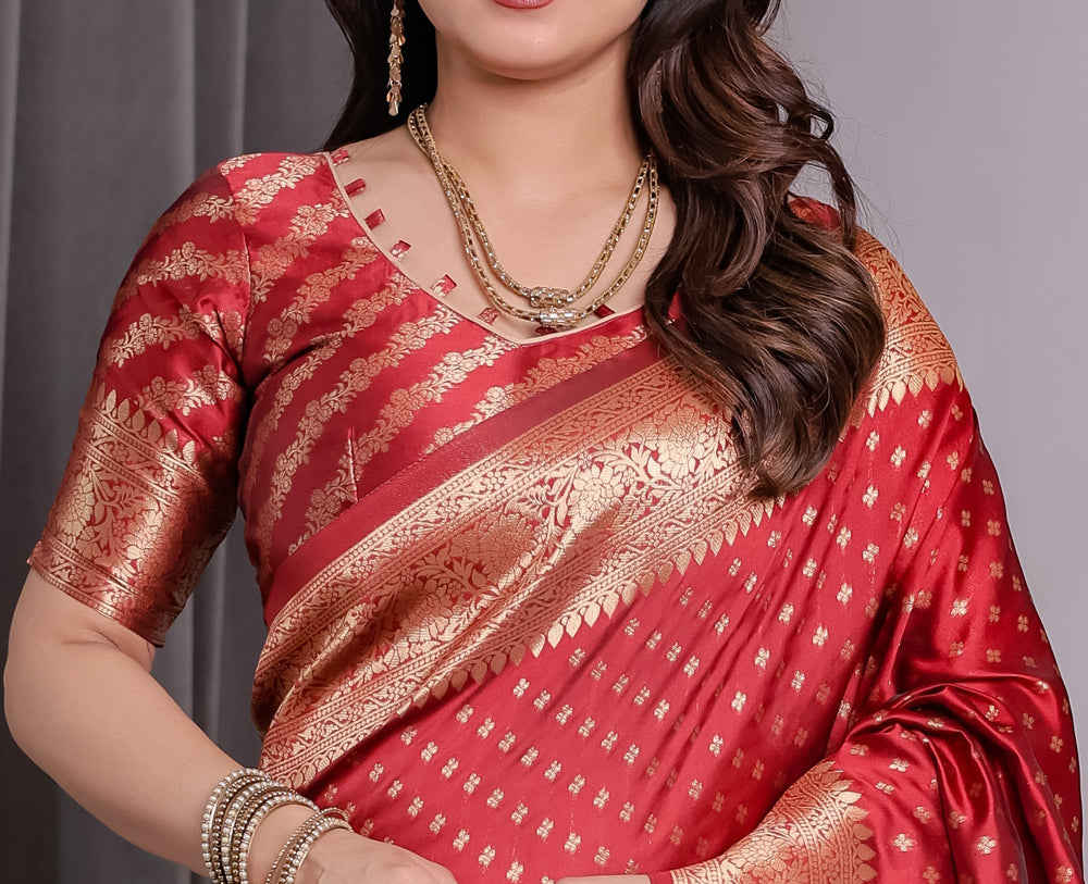 Rust Red Pure Kanjivaram Silk Saree with Golden Zari Buttas & Rich Floral Brocade Pallu | 5.5m Saree + 0.8m Blouse Piece