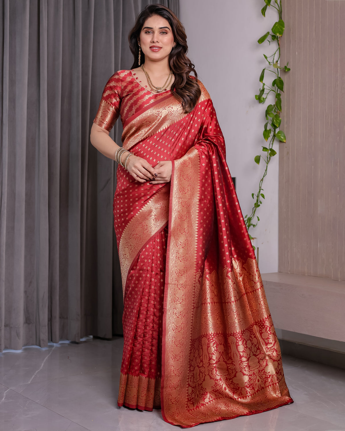 Rust Red Pure Kanjivaram Silk Saree with Golden Zari Buttas & Rich Floral Brocade Pallu | 5.5m Saree + 0.8m Blouse Piece