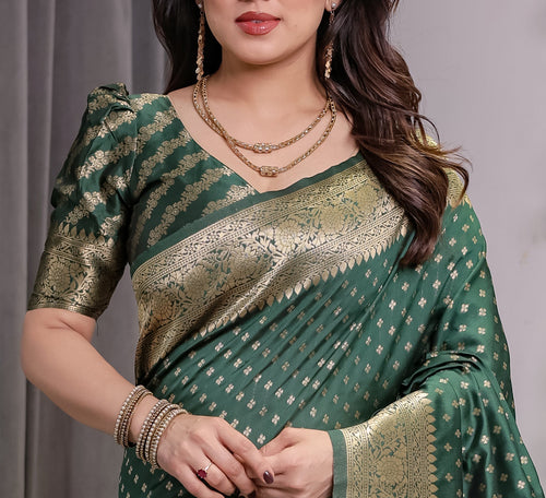 Bottle Green Pure Kanjivaram Silk Saree with Rich Golden Zari Weaving & Traditional Floral Pallu | 5.5m Saree + 0.8m Blouse