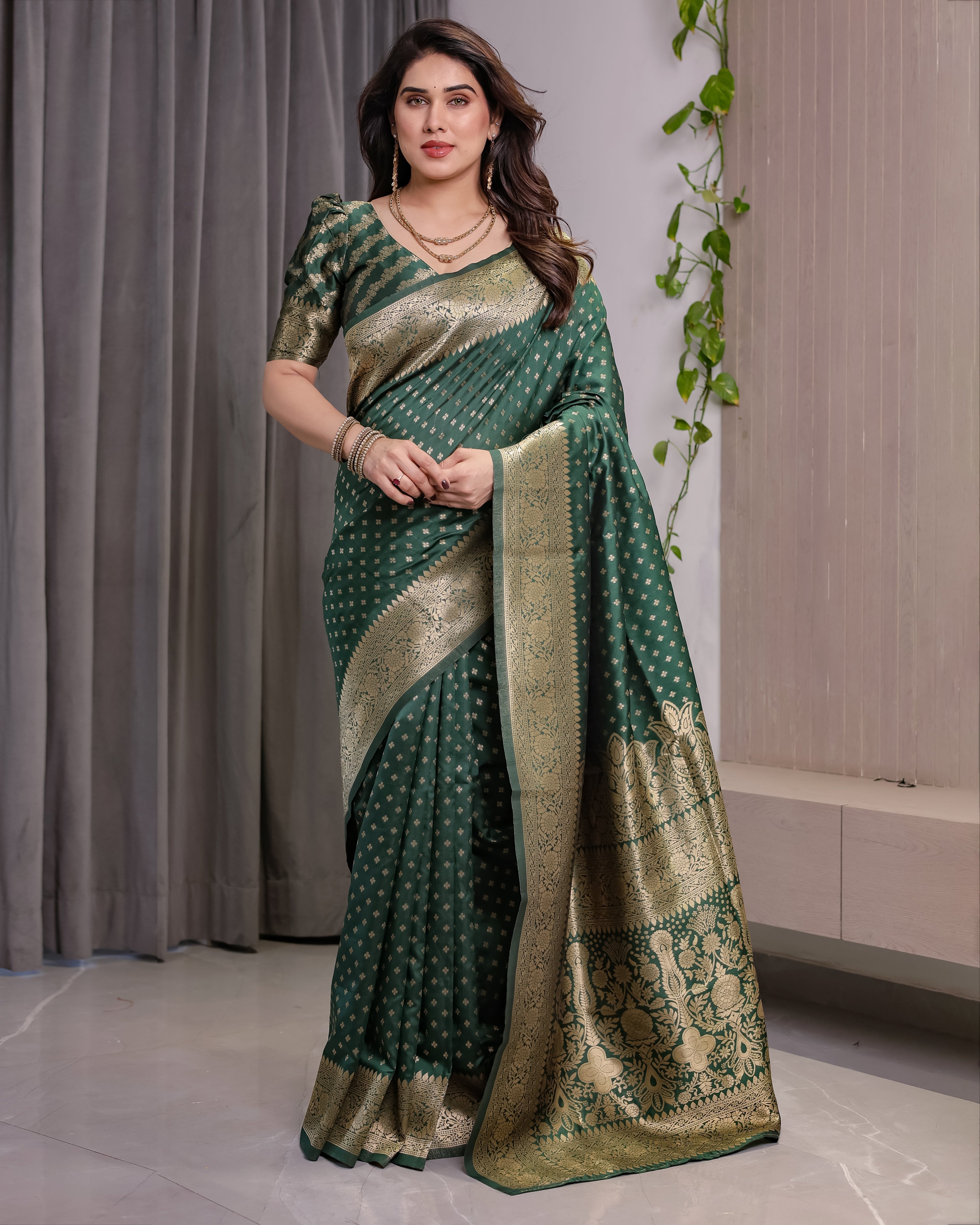 Bottle Green Pure Kanjivaram Silk Saree with Rich Golden Zari Weaving & Traditional Floral Pallu | 5.5m Saree + 0.8m Blouse