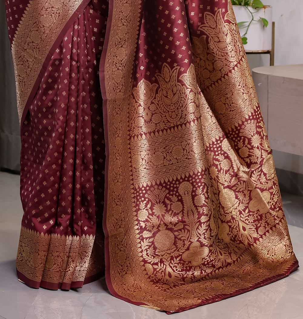 Maroon Pure Kanjivaram Silk Saree with All-Over Zari Buttas & Floral Brocade Pallu | 5.5m Saree + 0.8m Blouse Piece