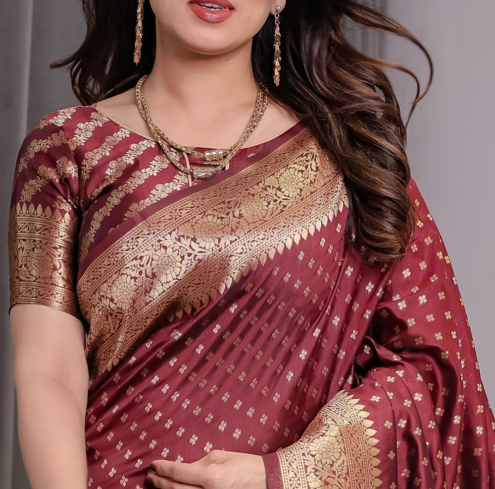 Maroon Pure Kanjivaram Silk Saree with All-Over Zari Buttas & Floral Brocade Pallu | 5.5m Saree + 0.8m Blouse Piece