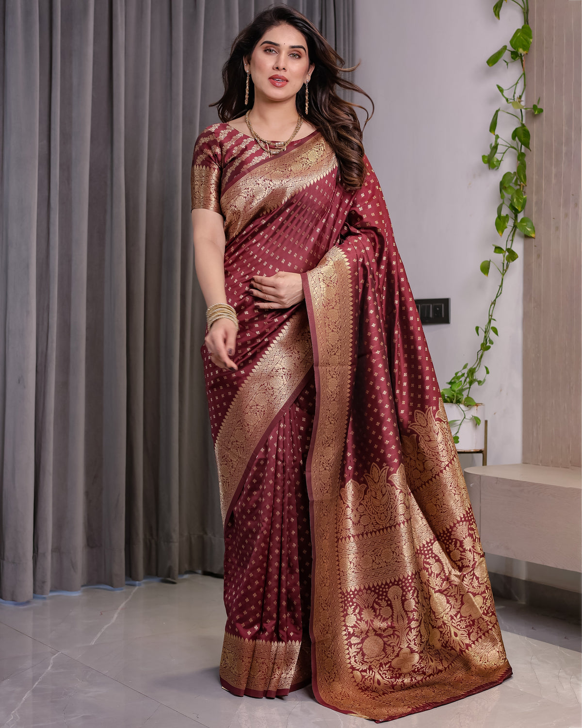 Maroon Pure Kanjivaram Silk Saree with All-Over Zari Buttas & Floral Brocade Pallu | 5.5m Saree + 0.8m Blouse Piece