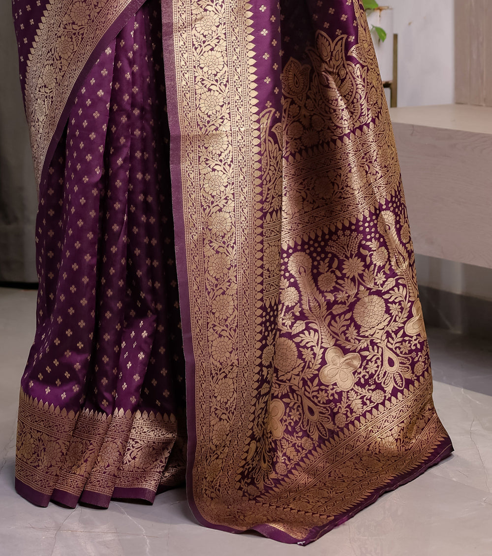 Royal Purple Pure Kanjivaram Silk Saree with Golden Zari Buttas & Rich Brocade Pallu | 5.5m Saree + 0.8m Designer Blouse Piece