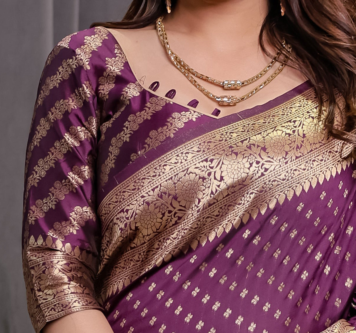 Royal Purple Pure Kanjivaram Silk Saree with Golden Zari Buttas & Rich Brocade Pallu | 5.5m Saree + 0.8m Designer Blouse Piece