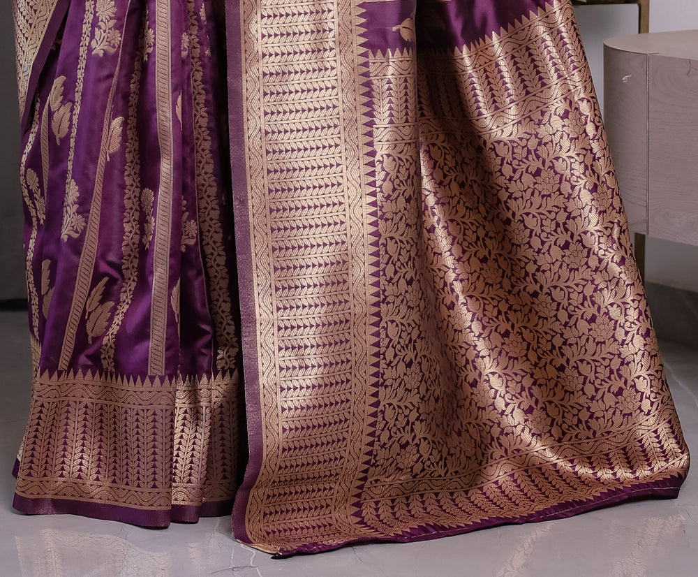 Majestic Purple Pure Kanjivaram Silk Saree with Gold Zari Striped Pallu & Traditional Brocade Border | 5.5m Saree + 0.8m Blouse