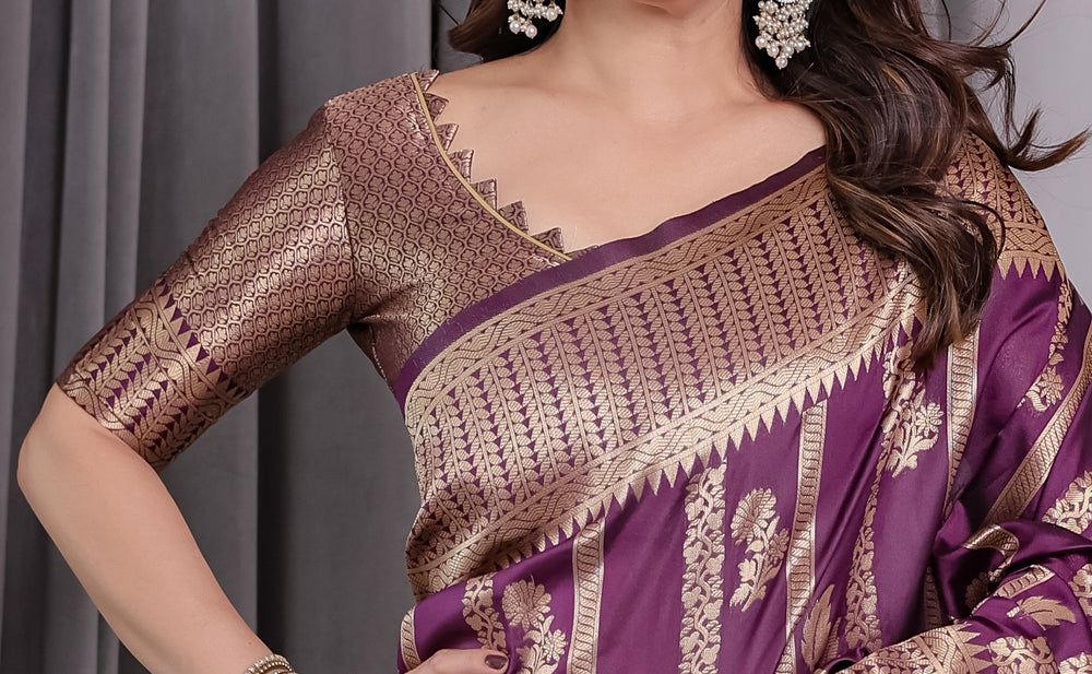 Majestic Purple Pure Kanjivaram Silk Saree with Gold Zari Striped Pallu & Traditional Brocade Border | 5.5m Saree + 0.8m Blouse