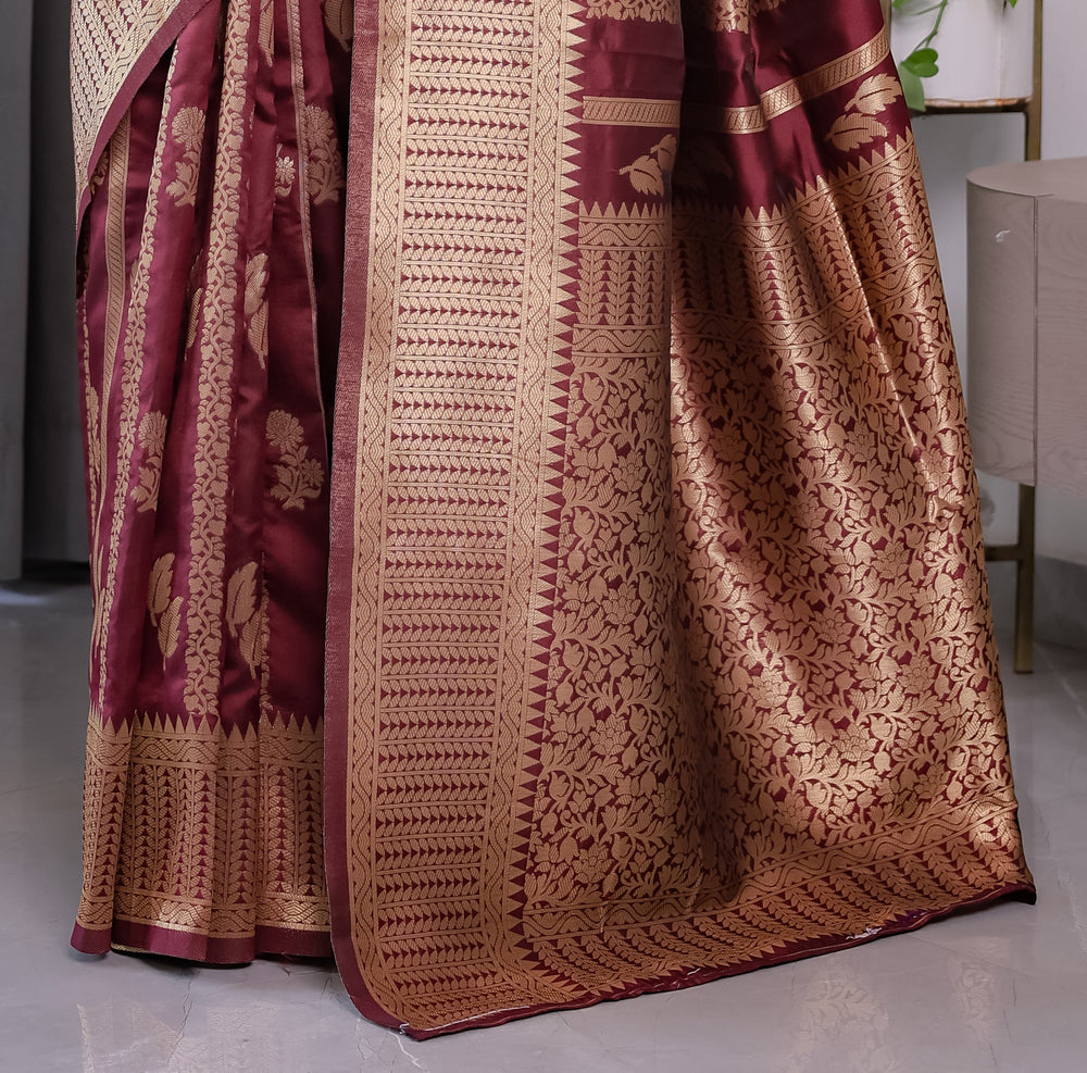 Maroon Pure Kanjivaram Silk Saree with Gold Zari Striped Floral Pallu & Broad Border | 5.5m Saree + 0.8m Jacquard Blouse Piece
