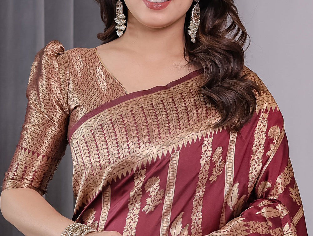 Maroon Pure Kanjivaram Silk Saree with Gold Zari Striped Floral Pallu & Broad Border | 5.5m Saree + 0.8m Jacquard Blouse Piece