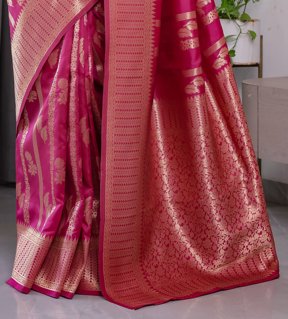 Pink Pure Kanjivaram Silk Saree with Golden Zari Striped Pallu & Floral Woven Border | 5.5m Saree + 0.8m Jacquard Blouse Piece
