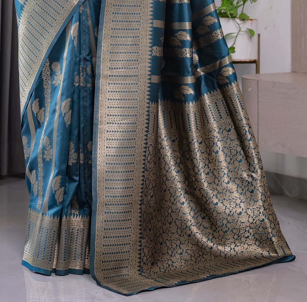 Teal Blue Pure Kanjivaram Silk Saree with Gold Zari Striped Pallu & Intricate Floral Weave | 5.5m Saree + 0.8m Brocade Blouse