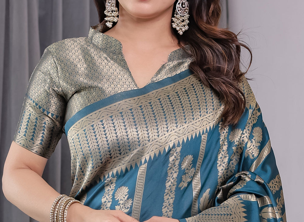 Teal Blue Pure Kanjivaram Silk Saree with Gold Zari Striped Pallu & Intricate Floral Weave | 5.5m Saree + 0.8m Brocade Blouse