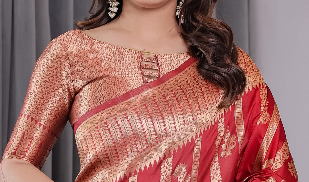 Classic Red Pure Kanjivaram Silk Saree with Rich Zari Floral Striped Pallu & Brocade Border | 5.5m Saree + 0.8m Blouse Piece