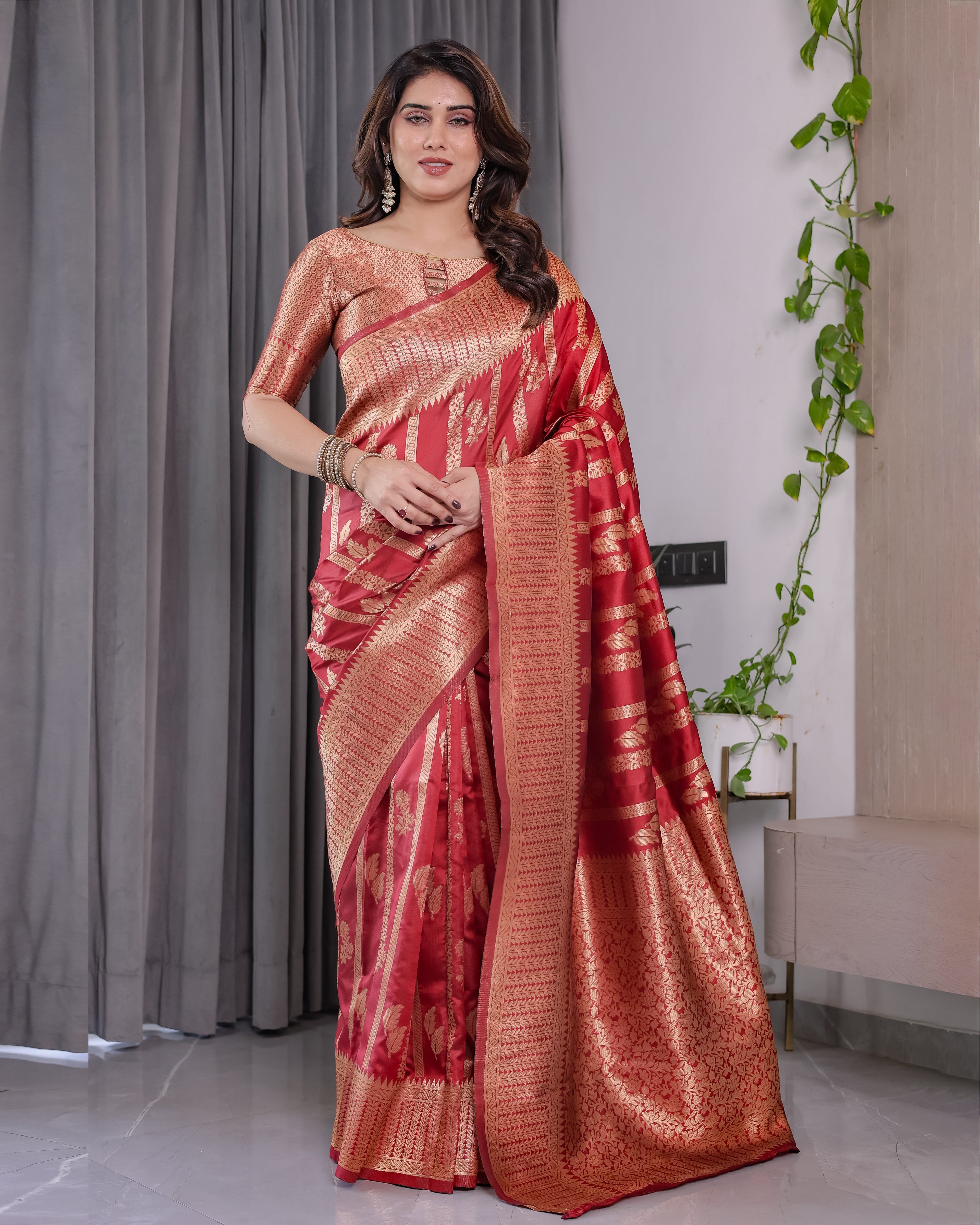 Classic Red Pure Kanjivaram Silk Saree with Rich Zari Floral Striped Pallu & Brocade Border | 5.5m Saree + 0.8m Blouse Piece