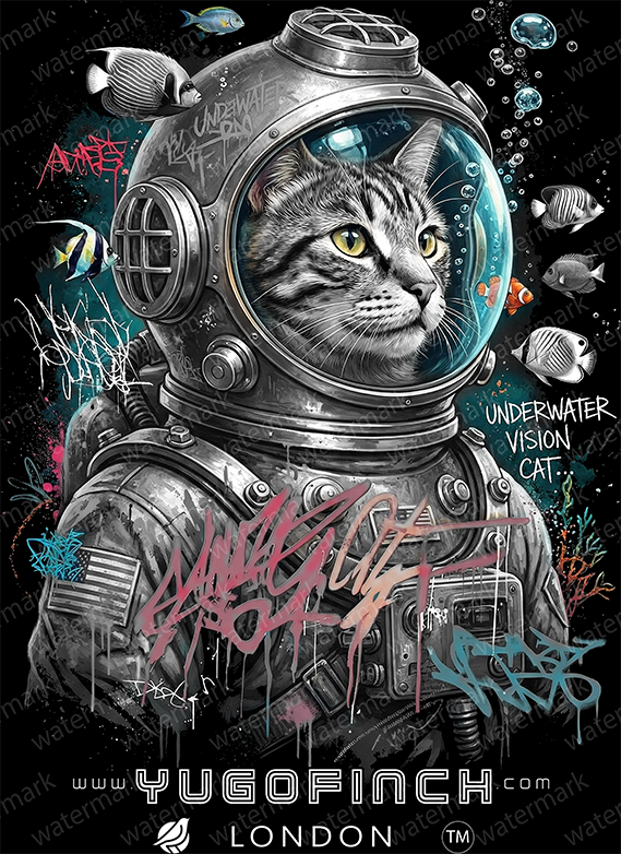 Unisex Supima KITTY DIVER (Muted) T-Shirt - 3 BASE COLORS - 9 SIZES