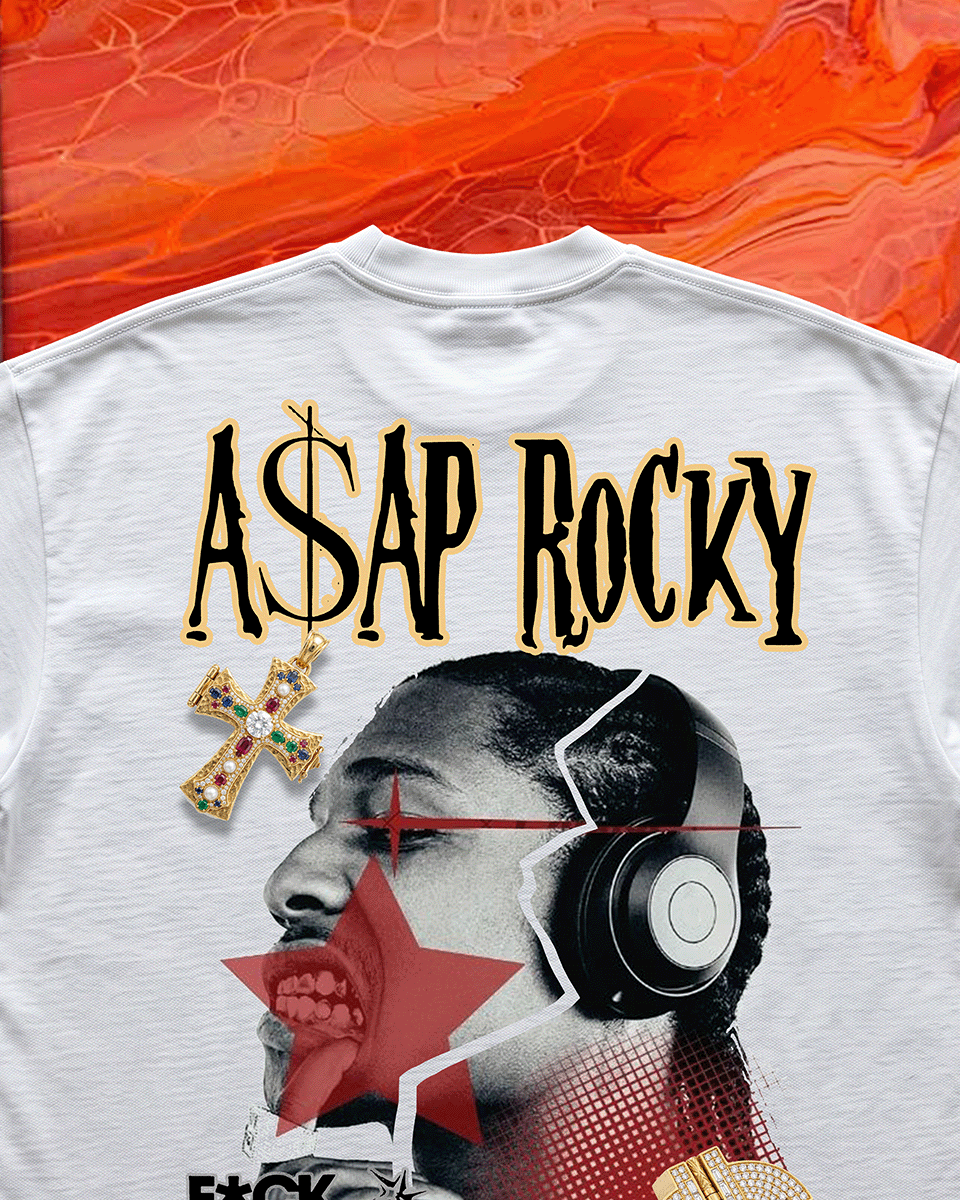 T-shirt with ASAP Rocky graphic design on a textured orange background