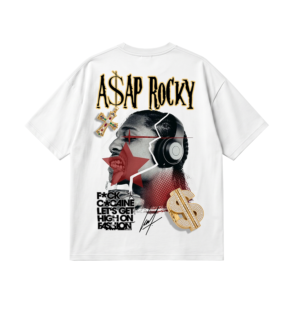 White t-shirt with graphic design and text featuring a person with headphones, dollar signs, and text on a white background.